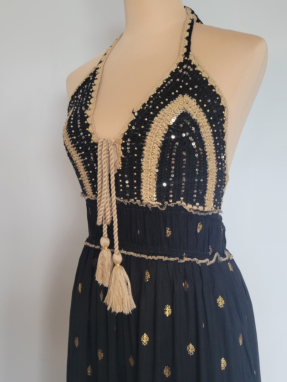 NWT Crochet Boho Coquette Bohemian Black Gold Tiered Maxi Dress Sz Large/XL - Picture 9 of 16